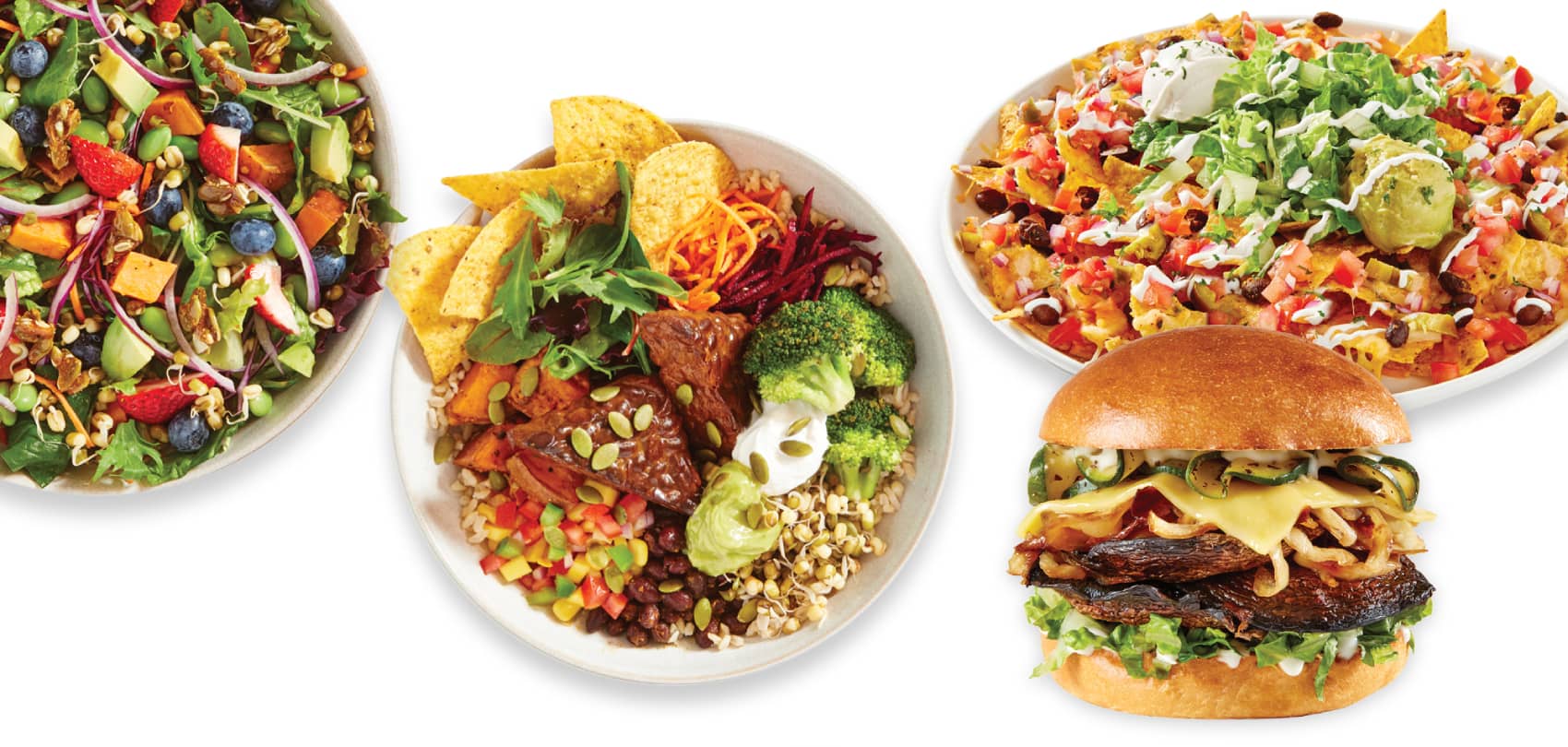 vegan burgers, vegan nachos, power salads